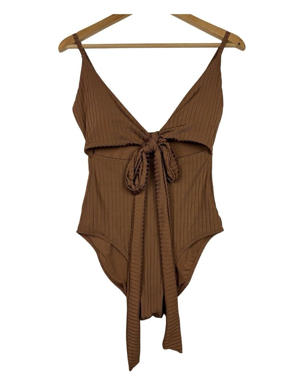 Aerie Brown Ribbed Tie Front One Piece Swimsuit‎ Small Long